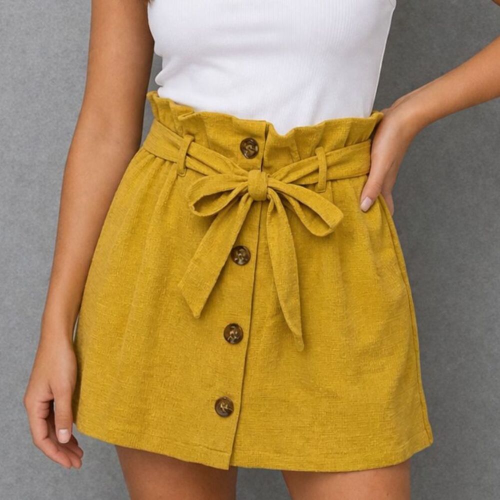 Mustard Paperbag Waist Mini Skirt Tie Belt Button Front High Rise Cottae Sz 6